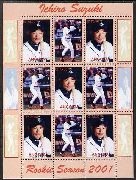 Angola 2001 Baseball Rookie Season - Ichiro Suzuki perf sheetlet containing 9 values unmounted mint. Note this item is privately produced and is offered purely on its thematic appeal, stamps on , stamps on  stamps on personalities, stamps on  stamps on sport, stamps on  stamps on baseball