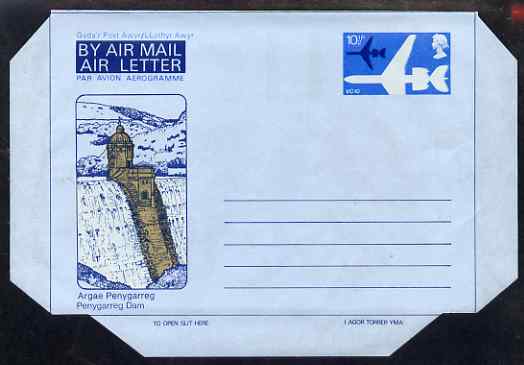 Aerogramme - Great Britain 1978? 10.5p Air Letter (VC10) featuring Penygarreg Dam, Conwy Castle & Rugby, unused and fine (folded along fold lines), stamps on aviation, stamps on dams, stamps on civil engineering, stamps on irrigation, stamps on castles, stamps on sport, stamps on rugby