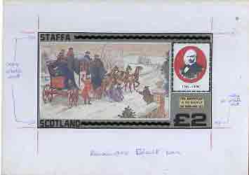 Staffa 1979 Rowland Hill (Mail Coach) - Original artwork for deluxe sheet (\A32 value) comprising coloured illustration on board (175 mm x 95 mm) with overlay, plus issue..., stamps on postal    rowland hill     mail coaches