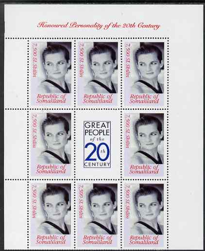 Somaliland 2000 Honoured Personality of the 20th Century - Princess Diana perf sheetlet containing 8 values plus label, unmounted mint. Note this item is privately produc..., stamps on personalities, stamps on millennium, stamps on royalty, stamps on diana