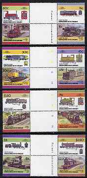 St Vincent - Union Island 1986 Locomotives #4 (Leaders of the World) set of 16 in se-tenant gutter pairs (folded through gutters) from uncut archive proof sheets unmounted mint, stamps on railways