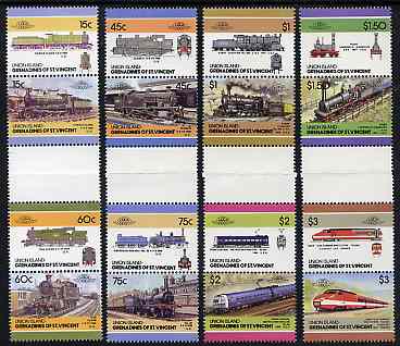 St Vincent - Union Island 1986 Locomotives #5 (Leaders of the World) set of 16 in se-tenant gutter pairs (folded through gutters) from uncut archive proof sheets unmounte..., stamps on railways