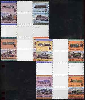 St Vincent - Union Island 1987 Locomotives #6 (Leaders of the World) set of 16 in se-tenant cross-gutter block (folded through gutters) from uncut archive proof sheet, so..., stamps on railways