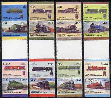 St Vincent - Union Island 1987 Locomotives #7 (Leaders of the World) set of 16 in se-tenant gutter pairs (folded through gutters) from uncut archive proof sheets unmounte..., stamps on railways