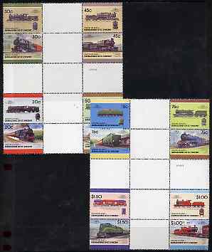 St Vincent - Union Island 1987 Locomotives #7 (Leaders of the World) set of 16 in se-tenant cross-gutter block (folded through gutters) from uncut archive proof sheet, so..., stamps on railways