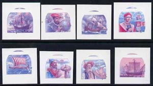 St Vincent - Bequia 1988 Explorers set of 8 die proofs in red and blue only (missing Country name, value & inscriptions) on Cromalin plastic card (ex archives). , stamps on , stamps on  stamps on explorers  personalities     ships    maps