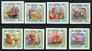 St Vincent - Bequia 1988 Explorers set of 8 full colour die proofs on Cromalin plastic card (ex archives) as issued stamps except $2.50 & $4 values have changed dates. , stamps on explorers, stamps on personalities, stamps on ships    maps