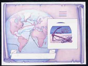 St Vincent - Bequia 1988 Explorers $5 m/sheet (Map & Anchor) die proof in red and blue only (missing Country name, value & inscriptions) on Cromalin plastic card (ex arch..., stamps on explorers      maps      anchor    ships