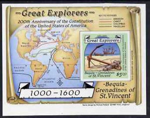 St Vincent - Bequia 1988 Explorers $5 m/sheet (Map & Anchor) full colour die proof on Cromalin plastic card (ex archives). , stamps on , stamps on  stamps on explorers      maps      anchor    ships