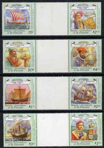 St Vincent - Bequia 1988 Explorers set of 8 in se-tenant gutter pairs (folded through gutters) unmounted mint from uncut archive proof sheets. , stamps on , stamps on  stamps on explorers  personalities     ships    