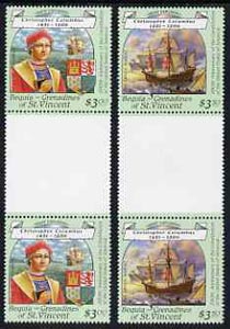 St Vincent - Bequia 1988 Christopher Columbus $3.50 & $3 perf values from Explorers set each in unmounted mint unfolded gutter pairs from uncut archive proof sheet. , stamps on , stamps on  stamps on columbus    heraldry, stamps on  stamps on arms    ships