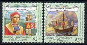 St Vincent - Bequia 1988 Christopher Columbus $3.50 & $3 perf values from Explorers set unmounted mint. , stamps on columbus    heraldry, stamps on arms    ships