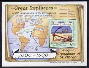 St Vincent - Bequia 1988 Explorers $5 m/sheet (Map & Anchor) with stamp perforated on three sides only (imperf at right) unmounted mint from an archive proof sheet. , stamps on , stamps on  stamps on explorers      maps      anchor    ships