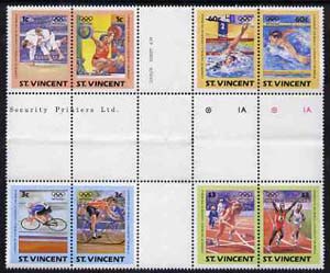 St Vincent 1984 Olympics (Leaders of the World) set of 8 in s unmounted minte-tenant cross-gutter block (folded through gutters & partly creased) from uncut archive proof sheet (SG 812-19) some split perfs & wrinkles but a rare archive item, stamps on sport     olympics    weightlifting    judo    swimming   running   bicycles, stamps on martial arts