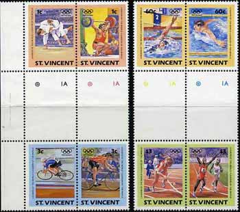 St Vincent 1984 Olympics (Leaders of the World) set of 8 in se-tenant gutter pairs (folded through gutters & 2 stamps creased) from uncut archive proof sheet unmounted mint (SG 812-19), stamps on , stamps on  stamps on sport     olympics    weightlifting    judo    swimming   running   bicycles, stamps on  stamps on martial arts