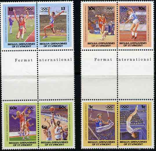 St Vincent - Bequia 1984 Olympics (Leaders of the World) set of 8 in se-tenant gutter pairs (folded through gutters) from uncut archive proof sheet unmounted mint, stamps on , stamps on  stamps on sport     olympics    long jump    basketball    netball    javelin    rings    gymnastics, stamps on  stamps on  gym , stamps on  stamps on gymnastics, stamps on  stamps on 