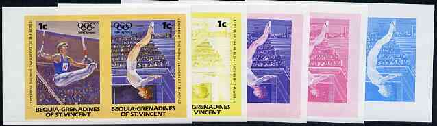 St Vincent - Bequia 1984 Olympics (Leaders of the World) 1c (Rings & Gymnastics) set of 5 imperf se-tenant progressive colour proof pairs comprising two individual colour..., stamps on sport     olympics       rings    gymnastics, stamps on  gym , stamps on gymnastics, stamps on 
