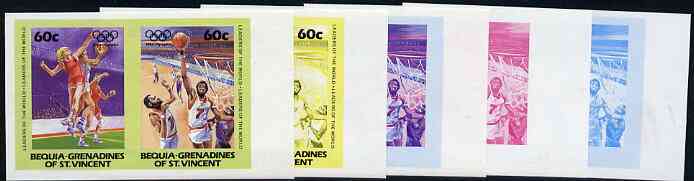 St Vincent - Bequia 1984 Olympics (Leaders of the World) 60c (Netball & Basketball) set of 5 imperf se-tenant progressive colour proof pairs comprising two individual colours, two 2-colour composites plus all 4-colour final design unmounted mint, stamps on sport     olympics       netball    basketball