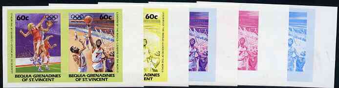 St Vincent - Bequia 1984 Olympics (Leaders of the World) 60c (Netball & Basketball) set of 5 imperf se-tenant progressive colour proof pairs comprising two individual colours, two 2-colour composites plus all 4-colour final design unmounted mint, stamps on , stamps on  stamps on sport     olympics       netball    basketball