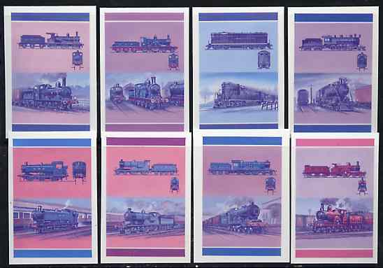 St Vincent - Union Island 1987 Locomotives #6 (Leaders of the World) set of 16 (8 se-tenant pairs) die proofs in red and blue only (missing Country name, inscription & value) on Cromalin plastic card (ex archives), stamps on , stamps on  stamps on railways