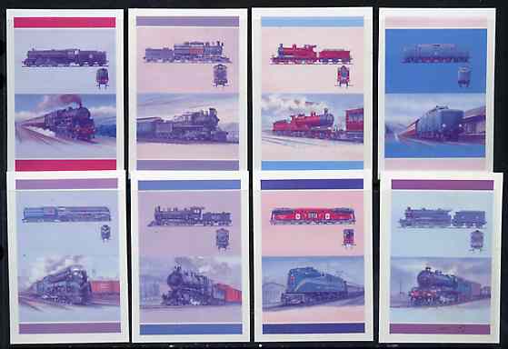 St Vincent - Union Island 1987 Locomotives #7 (Leaders of the World) set of 16 (8 se-tenant pairs) die proofs in red and blue only (missing Country name, inscription & value) on Cromalin plastic card (ex archives), stamps on , stamps on  stamps on railways