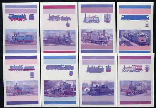 St Vincent - Grenadines 1986 Locomotives #6 (Leaders of the World) set of 16 (8 se-tenant pairs) die proofs in red and blue only (missing Country name, inscription & value) on Cromalin plastic card (ex archives) as SG 443-58, stamps on , stamps on  stamps on railways