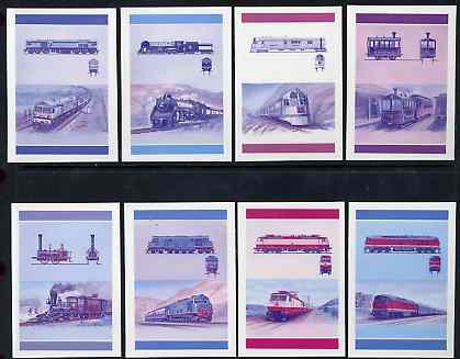 St Vincent - Grenadines 1987 Locomotives #8 (Leaders of the World) set of 16 (8 se-tenant pairs) die proofs in red and blue only (missing Country name, inscription & value) on Cromalin plastic card (ex archives) unmounted mint as SG 520-35, stamps on , stamps on  stamps on railways