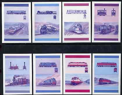 St Vincent - Grenadines 1987 Locomotives #8 (Leaders of the World) set of 16 (8 se-tenant pairs) die proofs in red and blue only (missing Country name, inscription & value) on Cromalin plastic card (ex archives) unmounted mint as SG 520-35, stamps on , stamps on stamps on railways