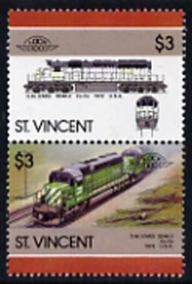 St Vincent 1986 Locomotives #6 (Leaders of the World) $3 se-tenant pair with bright green omitted from upper stamp, SG 1007avar unmounted mint, stamps on , stamps on  stamps on railways