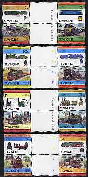 St Vincent 1984 Locomotives #2  (Leaders of the World) set of 16 in se-tenant gutter pairs (folded through gutters) from uncut archive proof sheets (SG 792-807) unmounted..., stamps on railways