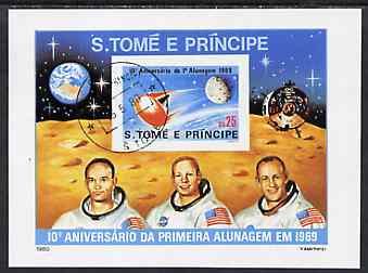 St Thomas & Prince Islands 1980 Moon Landing Anniversary imperf m/sheet with CTT 15.5.80 St Tome cancel, pre-release publicity proof (m/sheet was issued 13.6.80), stamps on space