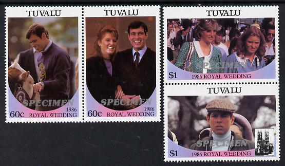 Tuvalu 1986 Royal Wedding (Andrew & Fergie) set of 4 (2 se-tenant pairs) overprinted SPECIMEN in silver (Italic caps 26.5 x 3 mm) unmounted mint SG 397-400s, stamps on , stamps on  stamps on royalty, stamps on  stamps on andrew, stamps on  stamps on fergie, stamps on  stamps on 