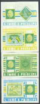 St Thomas & Prince Islands 1980 Rowland Hill set of 4, each in imperf proof singles printed in blue & yellow only, some wrinkles or soiling but attractive and most unusual, stamps on , stamps on  stamps on stamp on stamp, stamps on rowland hill, stamps on  stamps on stamponstamp