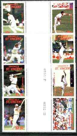 St Vincent - Grenadines 1988 Cricketers set of 8 in se-tenant gutter pairs (folded through gutters) from uncut archive proof sheets unmounted mint (SG 573-80), stamps on , stamps on  stamps on cricket  sport