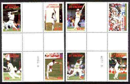 St Vincent - Grenadines 1988 Cricketers set of 8 in se-tenant cross-gutter block (folded through gutters) from uncut archive proof sheet (SG 573-80) some split perfs & wrinkles but a rare archive item unmounted mint, stamps on , stamps on  stamps on cricket  sport