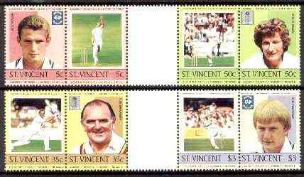 St Vincent 1985 Cricketers (Leaders of the World) set of 8 in se-tenant gutter pairs (folded through gutters) from uncut archive proof sheets unmounted mint (SG 842-49), stamps on , stamps on  stamps on cricket  sport