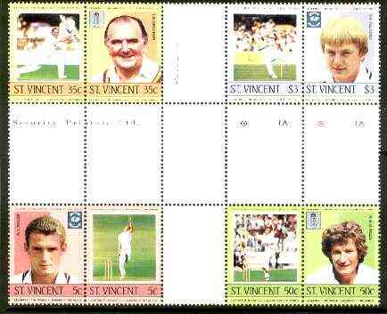 St Vincent 1985 Cricketers (Leaders of the World) set of 8 in se-tenant cross-gutter block (folded through gutters) from uncut archive proof sheet (SG 842-49) some split ..., stamps on cricket  sport