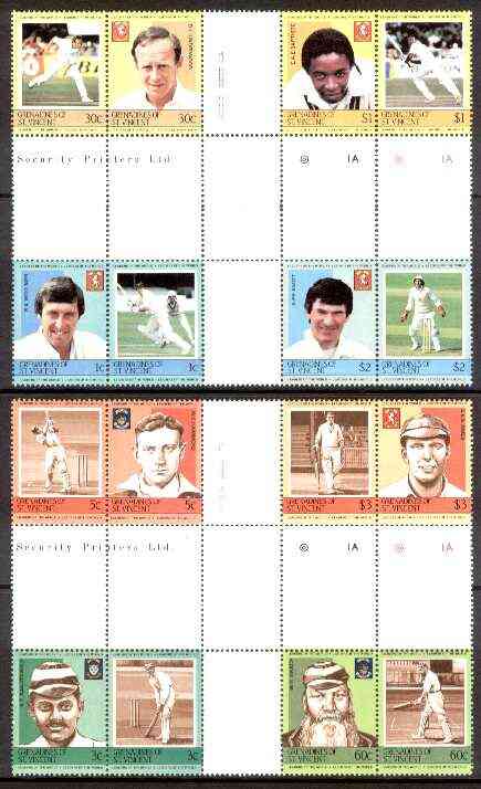 St Vincent - Grenadines 1984 Cricketers #1 (Leaders of the World) set of 16 in se-tenant cross-gutter block (folded through gutters) from uncut archive proof sheet (SG 291-306) some split perfs & wrinkles but a rare archive item unmounted mint, stamps on cricket  sport