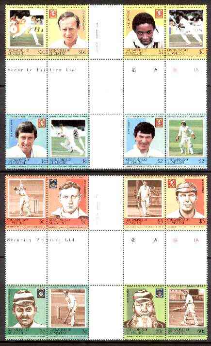 St Vincent - Grenadines 1984 Cricketers #1 (Leaders of the World) set of 16 in se-tenant cross-gutter block (folded through gutters) from uncut archive proof sheet (SG 291-306) some split perfs & wrinkles but a rare archive item unmounted mint, stamps on , stamps on  stamps on cricket  sport