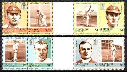 St Vincent - Grenadines 1984 Cricketers #2 (Leaders of the World) set of 8 in se-tenant gutter pairs (folded through gutters) from uncut archive proof sheets (SG 331-38) ..., stamps on cricket  sport