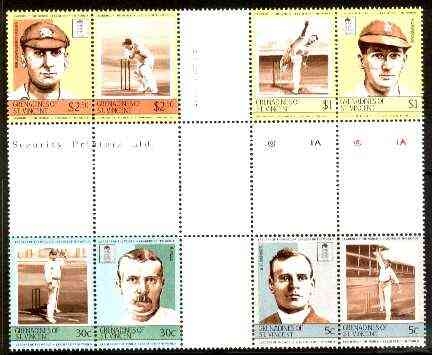 St Vincent - Grenadines 1984 Cricketers #2 (Leaders of the World) set of 8 in se-tenant cross-gutter block (folded through gutters) from uncut archive proof sheet (SG 331-38) some split perfs & wrinkles but a rare archive item unmounted mint, stamps on , stamps on  stamps on cricket  sport