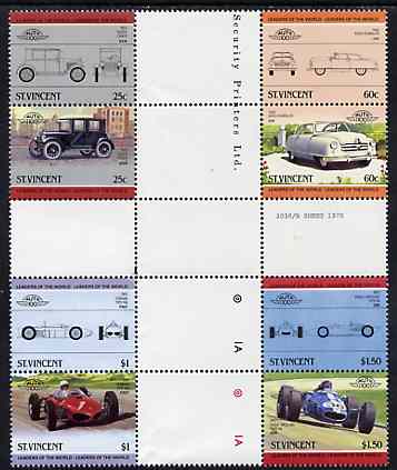 St Vincent 1985 Cars #4 (Leaders of the World) set of 8 in se-tenant cross-gutter block (folded through gutters or perfs) from uncut archive proof sheet (SG 884-91) some split perfs & wrinkles but a rare archive item unmounted mint, stamps on cars    racing cars    eagle   ferrari    nash    essex