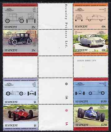 St Vincent 1985 Cars #4 (Leaders of the World) set of 8 in se-tenant cross-gutter block (folded through gutters or perfs) from uncut archive proof sheet (SG 884-91) some ..., stamps on cars    racing cars    eagle   ferrari    nash    essex