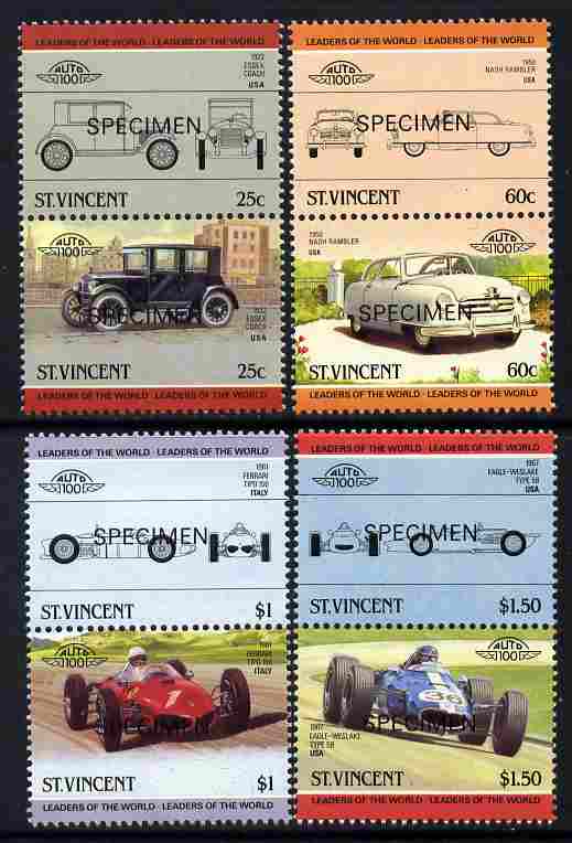 St Vincent 1985 Cars #4 (Leaders of the World) set of 8 optd SPECIMEN (SG 884-91) unmounted mint, stamps on cars    racing cars    eagle   ferrari    nash    essex