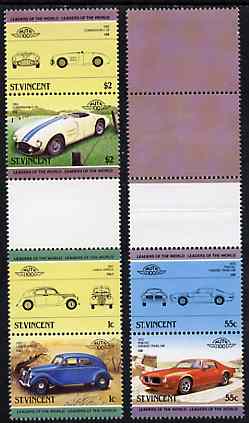 St Vincent 1985 Cars #3 (Leaders of the World) set of 6 (plus coloured labels) in se-tenant gutter pairs (folded through gutters or perfs) from uncut archive proof sheets unmounted mint (SG 862-67), stamps on cars      lancia     cunningham    pontiac