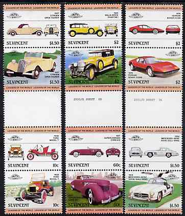 St Vincent 1984 Cars #1 (Leaders of the World) set of 12 in se-tenant gutter pairs (folded through perfs) from uncut archive proof sheets (SG 727-38) unmounted mint, stamps on cars    rolls royce    cord     ford    citroen     ferrari    mercedes