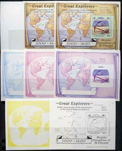 St Vincent - Bequia 1988 Explorers $5 m/sheet (Map & Anchor) set of 8 imperf progressive proofs comprising the 5 individual colours, plus 2, 4 and all 5-colour composites..., stamps on explorers, stamps on  maps, stamps on  anchor, stamps on ships