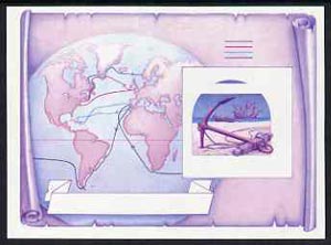 St Vincent - Bequia 1988 Explorers $5 m/sheet (Map & Anchor) imperf progressive proof in magenta & blue only unmounted mint. , stamps on , stamps on  stamps on explorers      maps      anchor    ships