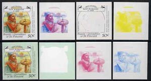 St Vincent - Bequia 1988 Explorers 50c (Leif Eriksson) set of 8 unmounted mint imperf progressive proofs comprising the 5 individual colours, plus 2, 4 and all 5-colour composites*. , stamps on , stamps on  stamps on explorers        ships     navigation    vikings