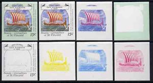 St Vincent - Bequia 1988 Explorers 15c (Erikssons The Gokstad Ship) set of 8 unmounted mint imperf progressive proofs comprising the 5 individual colours, plus 2, 4 and a..., stamps on explorers        ships    vikings